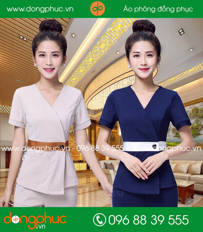Đồng phục spa màu tím than và hồng nhạt